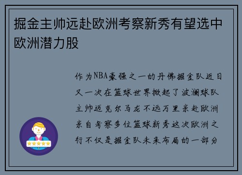 掘金主帅远赴欧洲考察新秀有望选中欧洲潜力股