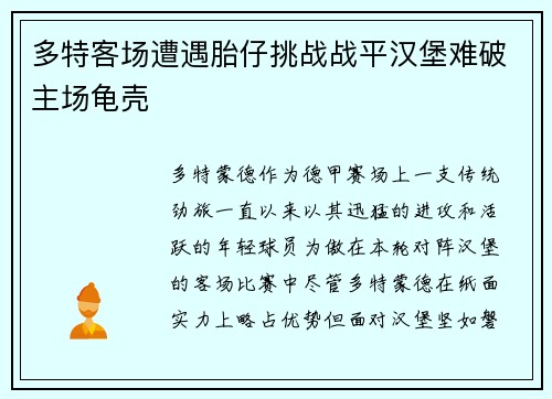 多特客场遭遇胎仔挑战战平汉堡难破主场龟壳